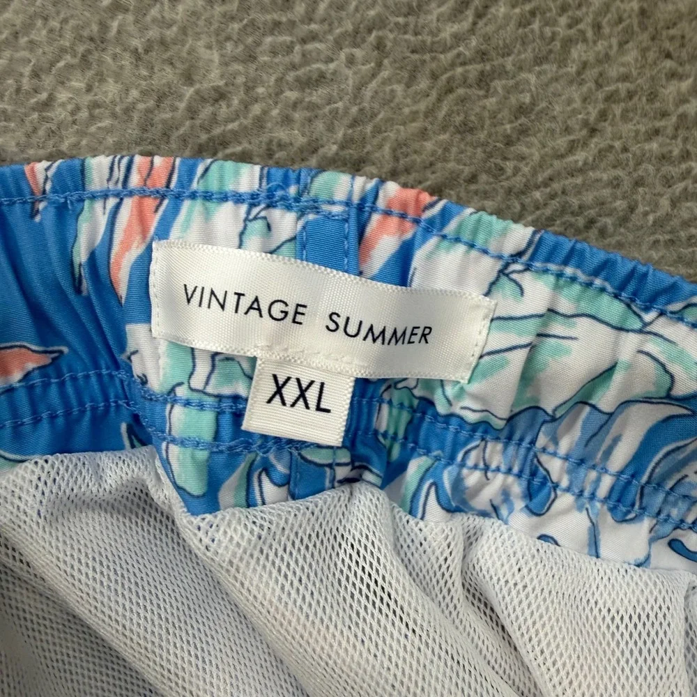 Vintage Summer Swim Trunks Men XXL Blue Tropical Turtle Floral Volley Shorts NEW
